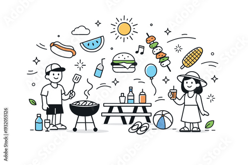 BBQ party summer atmosphere. An abstract yet friendly scene capturing the feeling of a summer barbecue outdoors. Light breeze, warm air, floating food icons