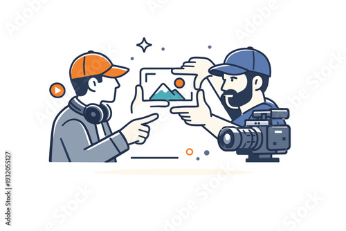 On-set collaboration between film director and cinematographer analyzing camera framing through a handheld viewfinder frame symbol. The composition expresses