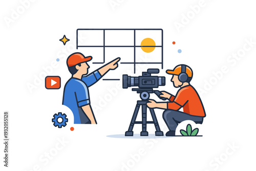 Film set teamwork focused on composing the perfect shot with director pointing at a grid overlay representing rule of thirds while cinematographer adjusts