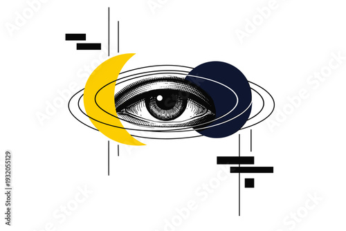 A black and white vintage eye gazing forward with concentric geometric rings orbiting it like planetary paths, bold yellow crescent and solid navy circle