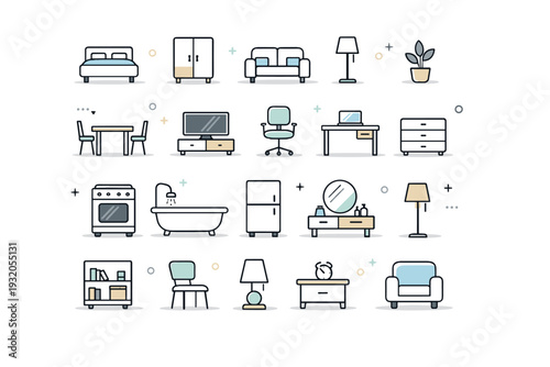 Furniture mini icon set. A clean collection of simple furniture icons arranged in a balanced grid, showing everyday home essentials. The scene feels organized,