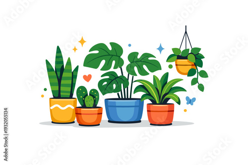 Indoor jungle aesthetic shown as a curated set of leafy plants in matching pots with subtle sparkles, communicating freshness modern living and a cozy natural