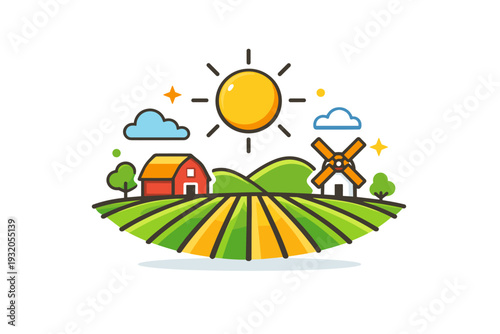 Countryside illustrated through open farmland with neat crop rows and a bright sun above, expressing abundance, balance, and the quiet productivity of rural
