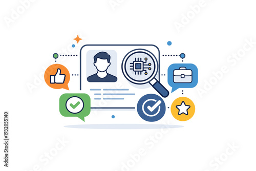 Recruitment process automation centered on AI-assisted talent matching, a candidate profile paired with smart recommendation symbols and subtle data nodes