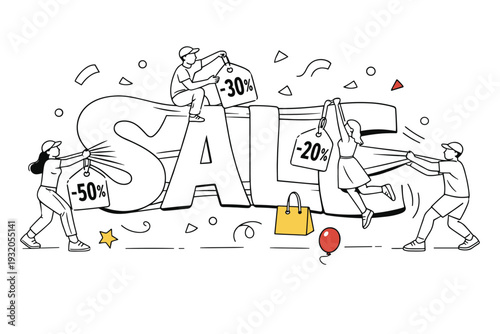 Discount & Sale Banner Typography. Oversized SALE letters stretching like elastic while tiny characters hang discount tags and confetti shapes drift around.
