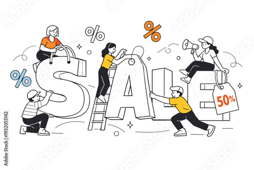 Typography in e-commerce. Bold headline letters transforming into shopping bags and price tags, characters arranging giant sale words while floating percent