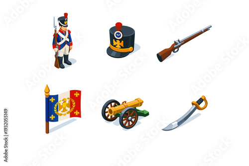 NapoleonicEra. Isometric flat vector icons set of NapoleonicEra: napoleonic infantry soldier, shako military hat, flintlock musket, regimental flag, artillery