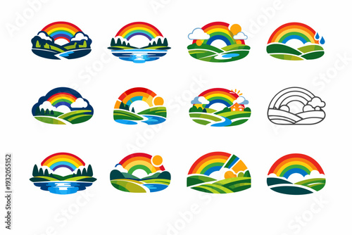 A vibrant rainbow arching over a peaceful countryside after a rainstorm. Icon set. Set Logo of a vibrant rainbow arching over a peaceful countryside after a