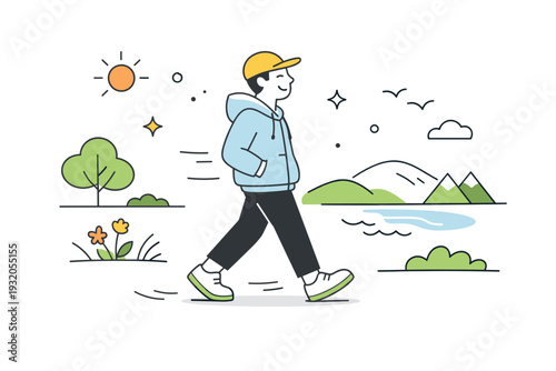 Outdoor activity morning walk. A calm editorial scene of a person enjoying a quiet walk in nature, breathing fresh air and moving at an easy pace. Peaceful