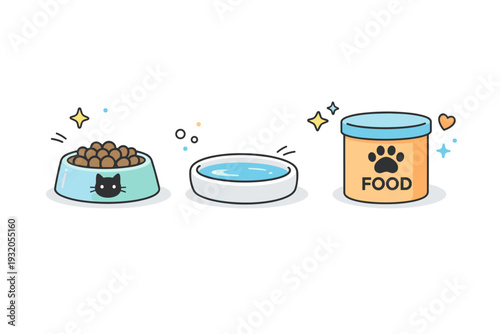 Cat feeding accessories. A simple scene showing a cat bowl, water dish and food container placed with generous spacing. Daily routine and gentle care, with