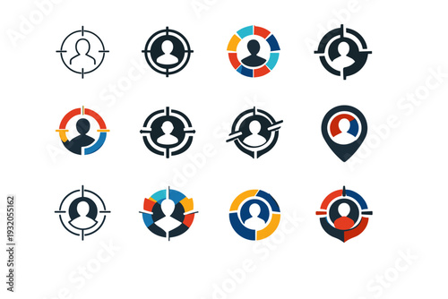 Personalized marketing. Icon set. Set Logo of Personalized marketing: target audience profile. harmonious logo variations of the same emblematic concept, each