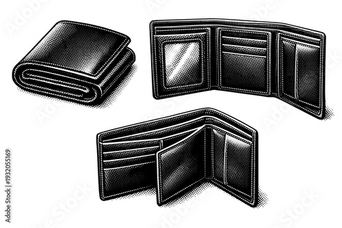Wallet ? trifold wallet. A realistic trifold wallet represented as one identical object in three views, emphasizing folded layers, thickness, and interior