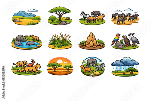Grassland & Savanna. Colorful isometric vector icons set of grassland & savanna: open plains, acacia tree, grazing animals, herd migration, watering hole, tall