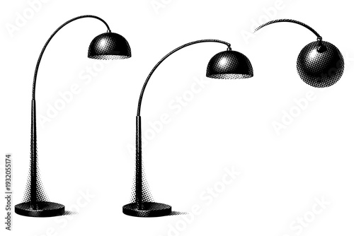 Arc floor lamp depicted as a curved standing lamp with an arched arm and suspended lampshade, treated as one object. Black and white dot style with halftone
