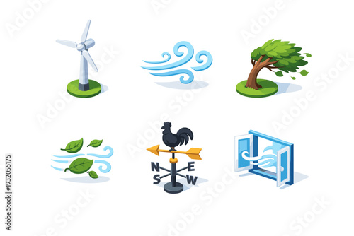 Wind. Isometric flat vector icons set of Wind: wind turbine, swirling air flow, bent tree, flying leaves, weather vane, open window with breeze. Arrange all
