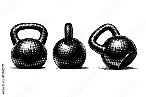 Kettlebell shown in front view, side profile, and tilted perspective within a single composition, emphasizing the curved handle and spherical body with
