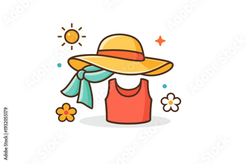 Summer fashion captured by a light scarf, sleeveless top, and wide-brimmed hat displayed on a minimal background with small sun and flower accents,
