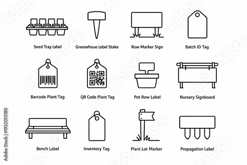 Nursery Labeling. Line icon set of Nursery Labeling: seed tray labels, greenhouse label stake, row marker sign, batch ID tag, barcode plant tag, QR code plant