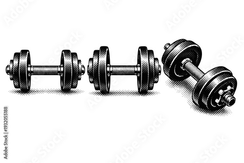 Dumbbell presented in front view, side view, and slightly angled perspective within one composition, showing detailed knurled grip and weight plates with