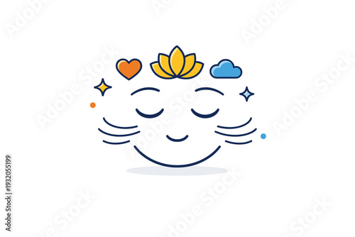 Mental health symbols shown as a peaceful face with closed eyes and subtle breathing lines, representing mindfulness, calm moments, and stress
