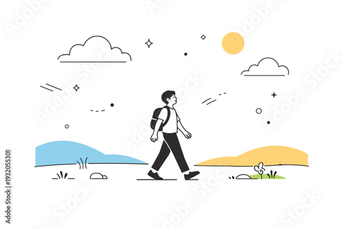 Open sky feeling. A person walking freely in an open landscape with a large sky dominating the scene. The mood suggests freedom, lightness, and fresh