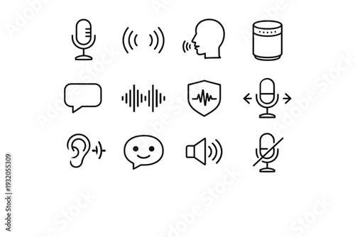 Voice-Activated Interfaces. Line icon set of Voice-Activated Interfaces: microphone, sound waves, voice command, smart speaker, speech bubble, waveform