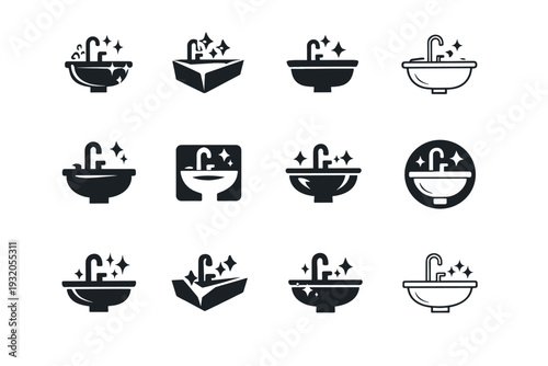 Cleaning the sink. Icon set. Set Logo of Cleaning the sink: clean shining sink. harmonious logo variations of the same emblematic concept, each with different