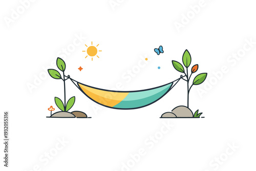 Eco summer mindful relaxation visualized by a simple hammock between two minimal plants, suggesting slow living, nature respect and conscious rest. A soft and