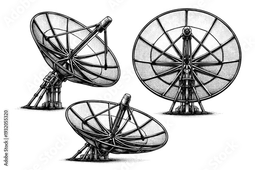 Satellite dish back frame and ribs. A realistic satellite dish represented as a single object in three different views, concentrating on the rear support