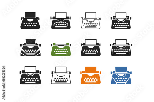 Typewriter scene. Icon set. Set Logo of Typewriter scene: typewriter keys. harmonious logo variations of the same emblematic concept, each with different