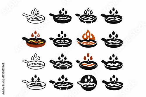 Bacon fat on a pan. Icon set. Set Logo of bacon fat on a pan: sizzling bacon grease droplets. harmonious logo variations of the same emblematic concept, each