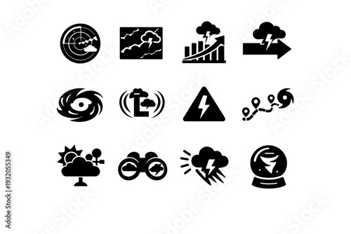 Severe Weather Forecast. Solid icon set of Severe Weather Forecast: storm radar screen, weather map storm front, forecast chart, approaching storm arrow,