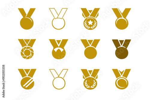gold medal. Icon set. Set Logo of gold medal: victory medal circle. harmonious logo variations of the same emblematic concept, each with different artistic