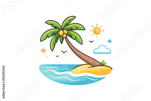 Summer beach tropical feeling expressed with a single palm tree leaning toward the sea, conveying warmth, travel dreams and relaxed island