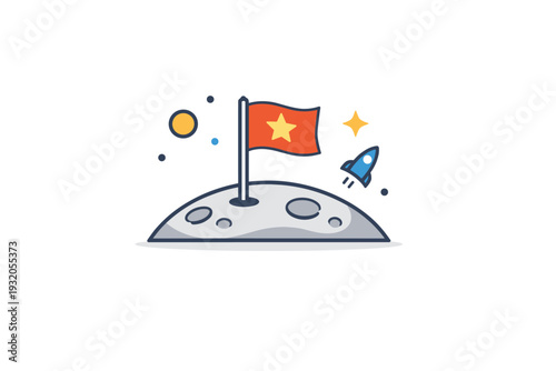 Moon mission concept illustrated by a flag planted on a minimal moon surface with distant stars, capturing achievement progress and historic exploration