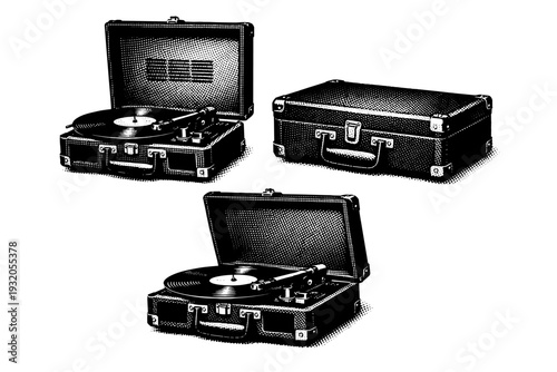 Turntable ? retro suitcase-style turntable with hinged cover, internal speaker grille, and mechanical controls. Black and white dot style with halftone texture
