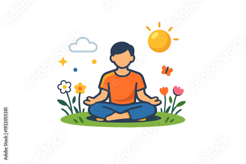 Mindful summer captured by a person sitting cross-legged on soft grass under a warm sun, surrounded by gentle wildflowers, evoking calm, reflection, and