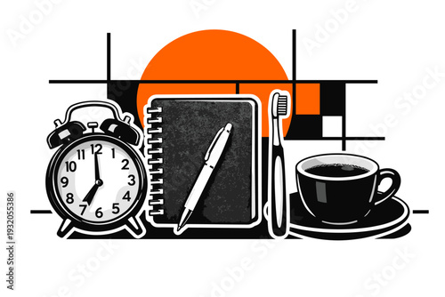 Black and white still life of morning routine objects: alarm clock, notebook, toothbrush, coffee cup, realistic cut-out collage style with bold white outlines,