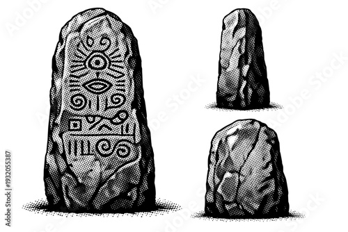 Stone Monolith ? carved ancient monolith. A carved ancient stone monolith with subtle inscriptions and weathered edges depicted as one isolated