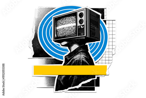 Black and white side profile of a person with a CRT television head displaying static noise, bright blue concentric circles expanding from the screen like
