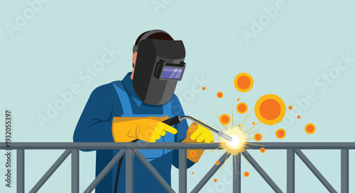 A welder in a mask, gloves, and blue overalls intensely welds a metal structure, producing bright sparks and orange molten droplets.