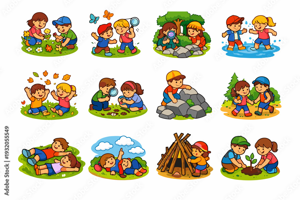 Naklejka premium Kids Nature Play. Colorful isometric vector icons set of Kids Nature Play: children picking flowers, kids chasing butterflies, children exploring forest, kids