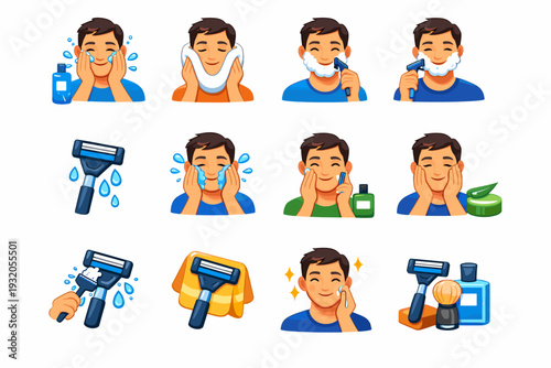 ShavingRoutine. Colorful flat vector icons set of ShavingRoutine: face wash prep, warm towel, applying foam, shaving stroke, rinsing blade, cold water splash,