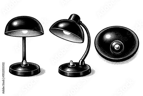 Desk Lamp ? Retro desk lamp displayed in front view, three-quarter angle, and top-down view, emphasizing shade curvature, switch placement, and overall scale