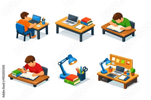 StudyDesk. Isometric flat vector icons set of StudyDesk: student sitting at desk, desk with books and laptop, reading posture at desk, writing notes at desk,