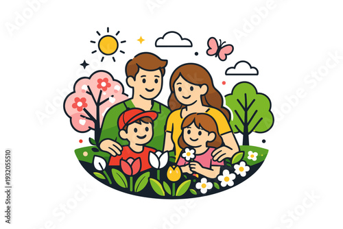 Spring family scene showing parents and children surrounded by flowers and trees, forming a friendly editorial badge that suggests care, growth and seasonal