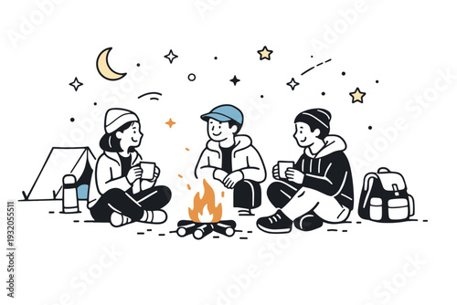 Camping fire at night. A calm editorial scene of people sitting around a small campfire under the open sky, enjoying warmth and quiet conversation. The mood
