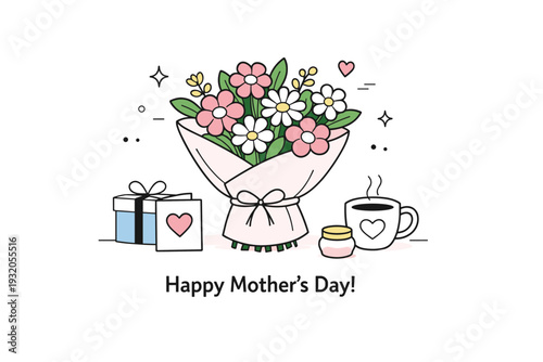 Mother?s Day flowers. A clean editorial still-life scene with a bouquet prepared for Mother?s Day, expressing care and celebration. Balanced composition, calm