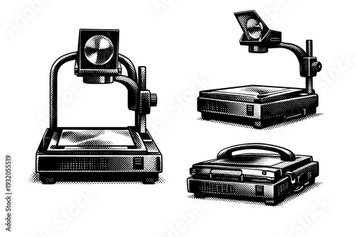 Overhead projector ? portable presentation overhead projector. A realistic portable overhead projector represented as one object in three different views