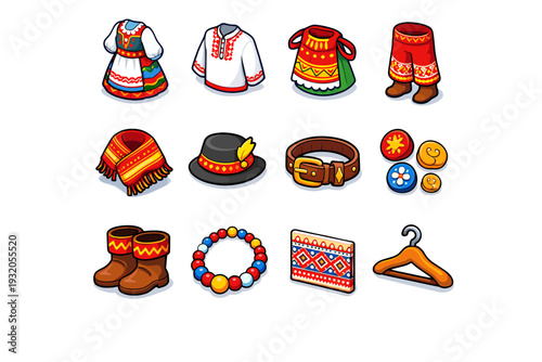 Folk Clothing. Colorful isometric vector icons set of Folk Clothing: folk dress, embroidered shirt, traditional apron, patterned trousers, woven shawl, folk